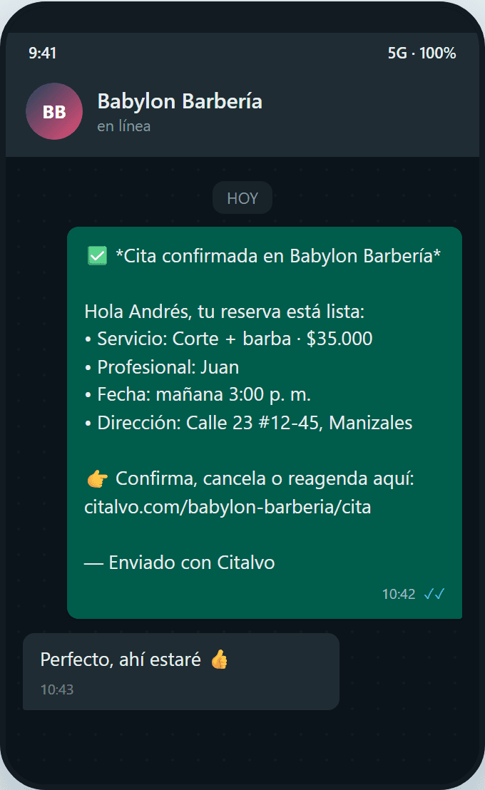 Mensaje de WhatsApp de cita confirmada en Babylon Barbería